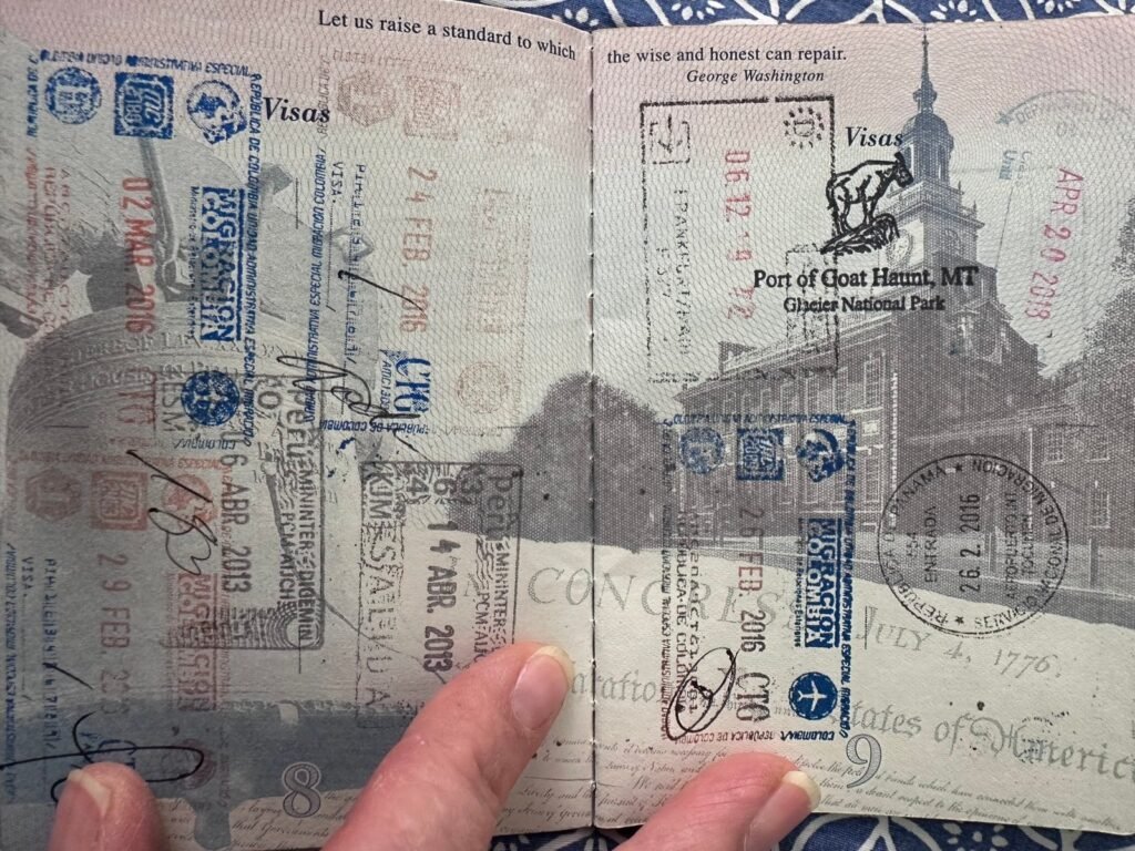 Passport pages with international entry stamps